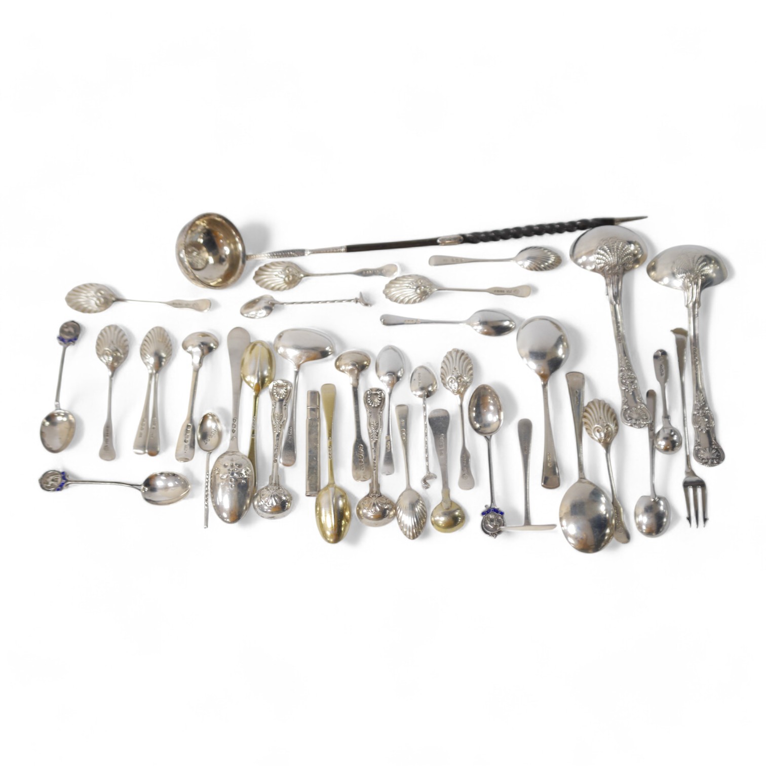 A quantity of assorted mainly 19th century and later silver flatware, including two Queens pattern sauce ladles, seventeen teaspoons, six mustard ladles, a toddy ladle, etc, and a silver pencil holder, various dates and